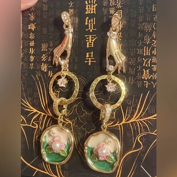 Monet’s Garden Enameled Pearl CZ Pendant Earrings - Picture 6 of 6